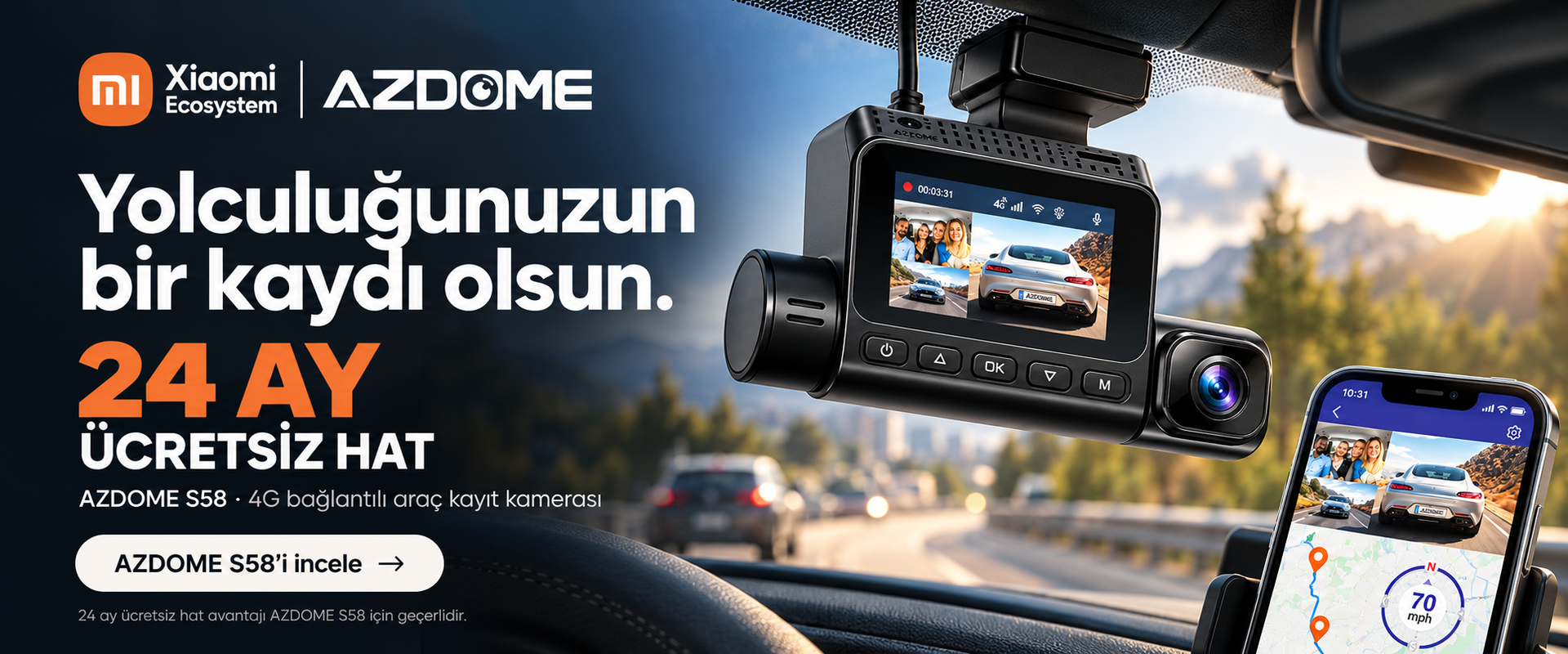Xiaomi Ecosystem AZDOME S58 4G araç kayıt kamerası ve 24 ay ücretsiz hat avantajı