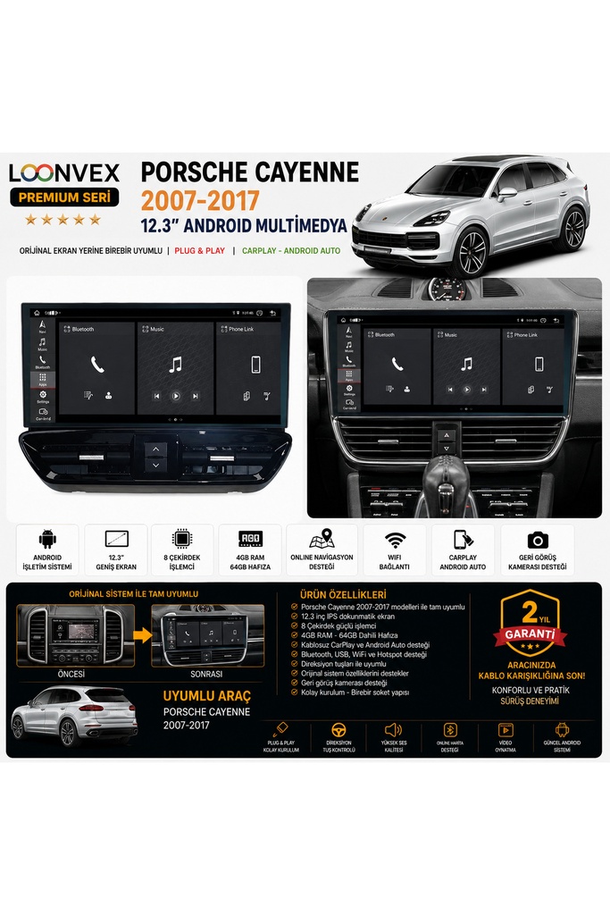 [LNV-POR-MM-0008] Premium Porsche Cayenne 12.3" Android Multimedya Ekran