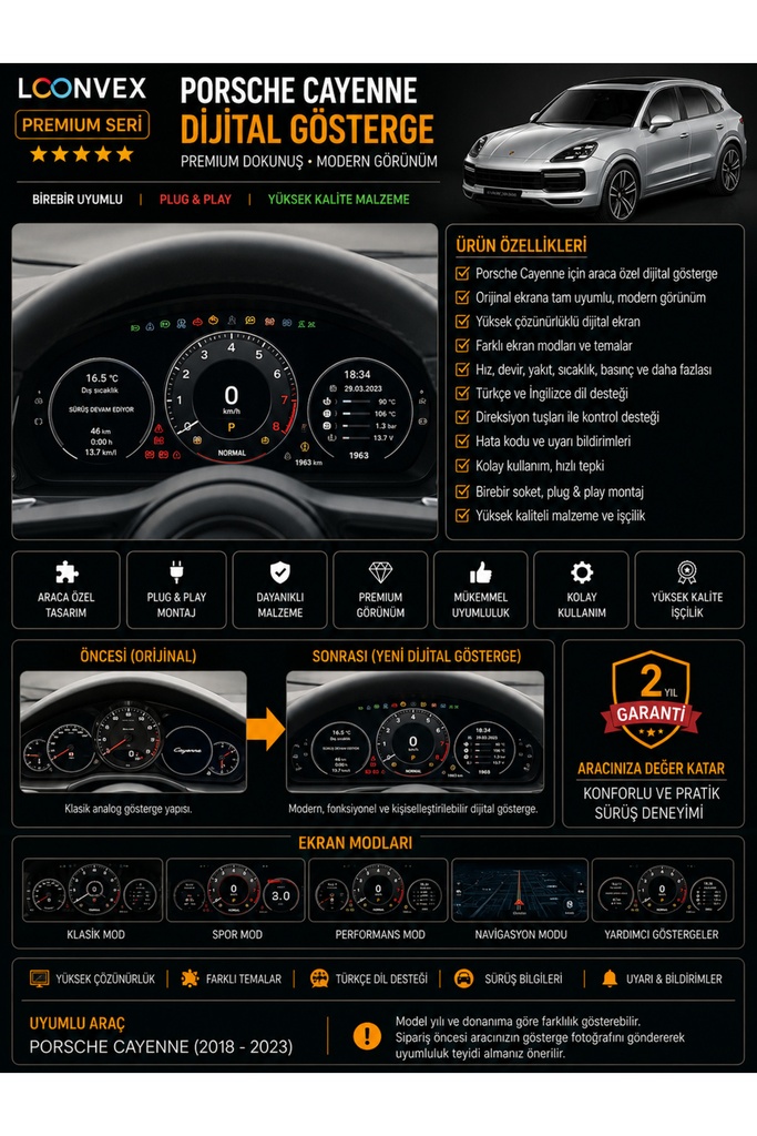 [LNV-POR-MM-0007] Premium Porsche Cayenne 2018-2023 Dijital Gösterge – Araca Özel