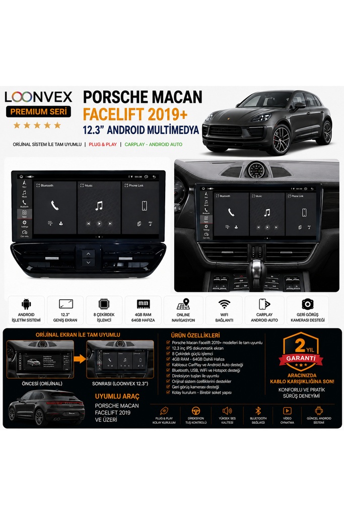 [LNV-POR-MM-0005] Premium Porsche Macan Facelift 2019+ 12.3" Android Multimedya Ekran
