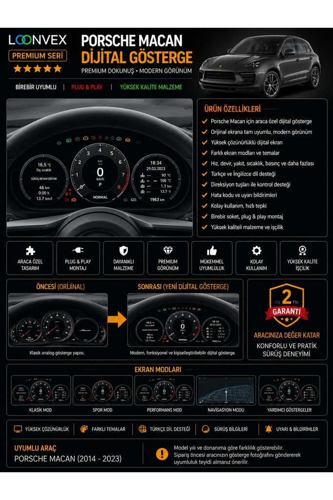 [LNV-POR-MM-0004] Premium Porsche Macan 2014-2023 Dijital Gösterge – Araca Özel