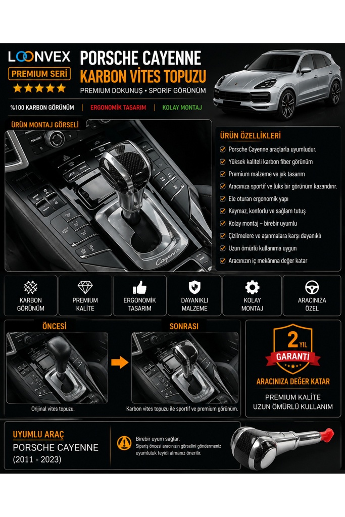 [LNV-POR-AKS-0001] Premium Porsche Cayenne Karbon Vites Topuzu – Araca Özel