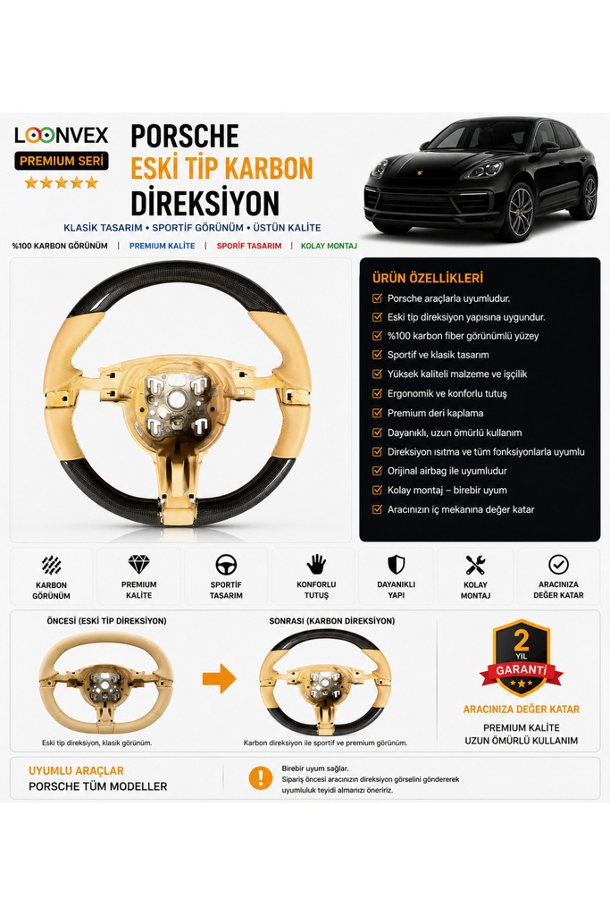 [LNV-POR-AKS-0003] Premium Porsche Eski Tip Karbon Direksiyon – Araca Özel