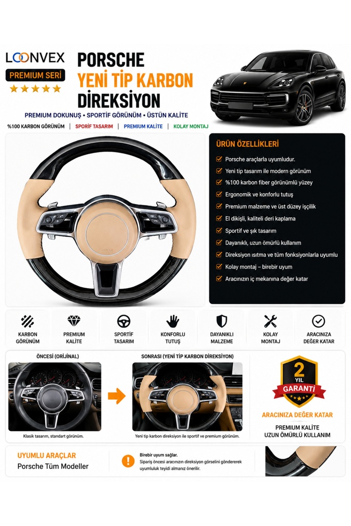[LNV-POR-AKS-0009] Premium Porsche Yeni Tip Karbon Direksiyon – Araca Özel