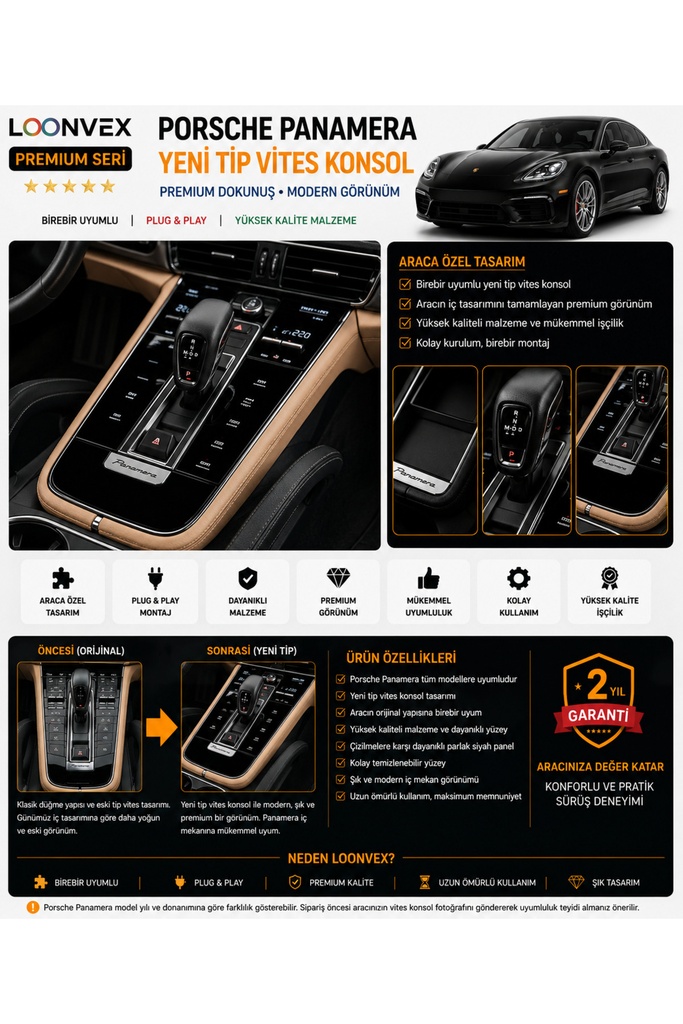 [LNV-POR-AKS-0007] Premium Porsche Panamera Yeni Tip Vites Konsol – Araca Özel