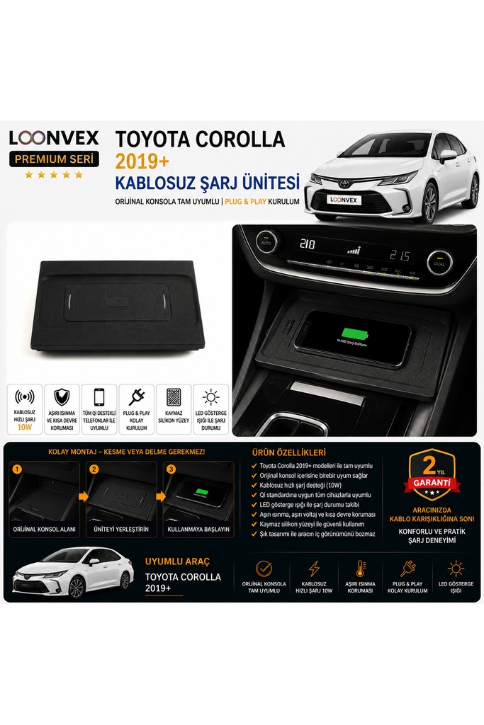 [LNV-KS-0018] Premium Toyota Corolla 2019+ Kablosuz Şarj Ünitesi – Araca Özel
