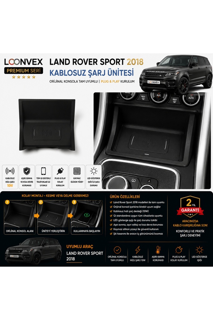 [LNV-KS-0011] Premium Range Rover Sport 2018 Kablosuz Şarj Ünitesi – Araca Özel