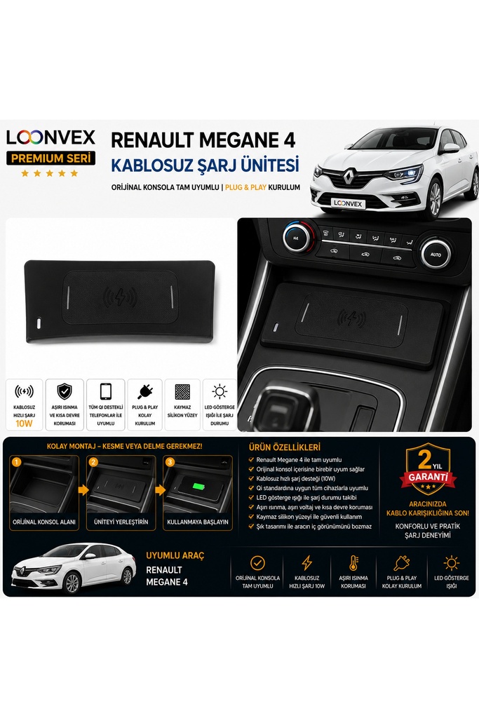 [LNV-KS-0015] Premium Renault Megane 4 Kablosuz Şarj Ünitesi – Araca Özel