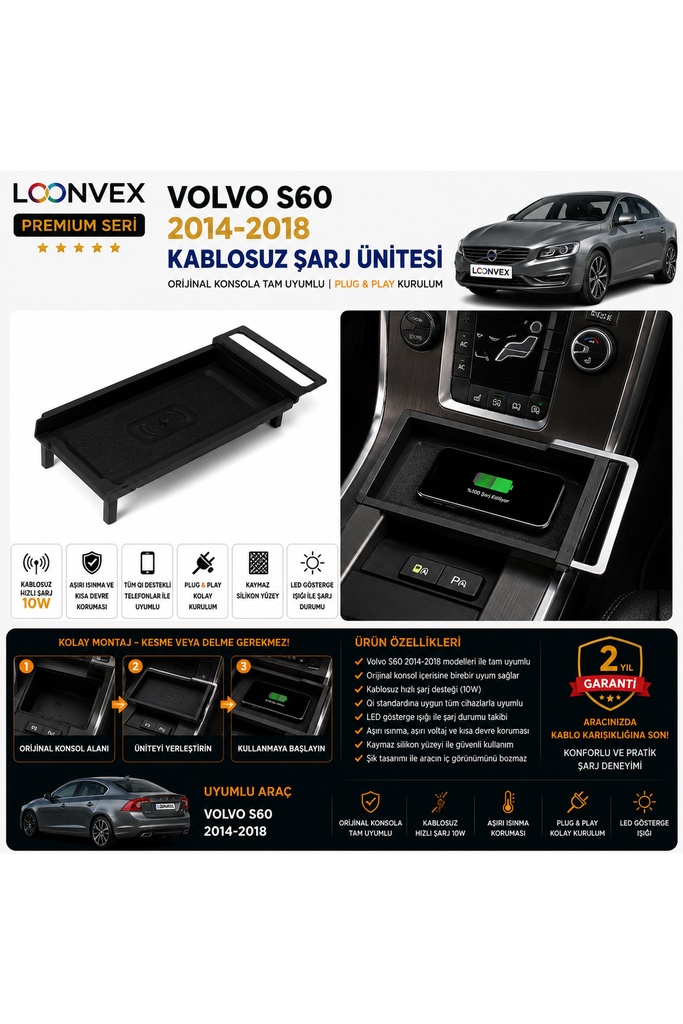 [LNV-KS-0020] Premium Volvo S60 2014-2018 Kablosuz Şarj Ünitesi – Araca Özel