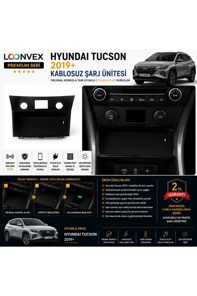 [LNV-KS-0007] Premium Hyundai Tucson 2019+ Kablosuz Şarj Ünitesi – Araca Özel