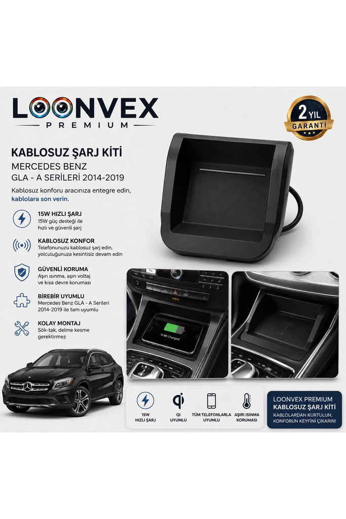 [LNV-KS-0013] Premium Mercedes-Benz GLA & A Serisi 2014-2019 Kablosuz Şarj Kiti