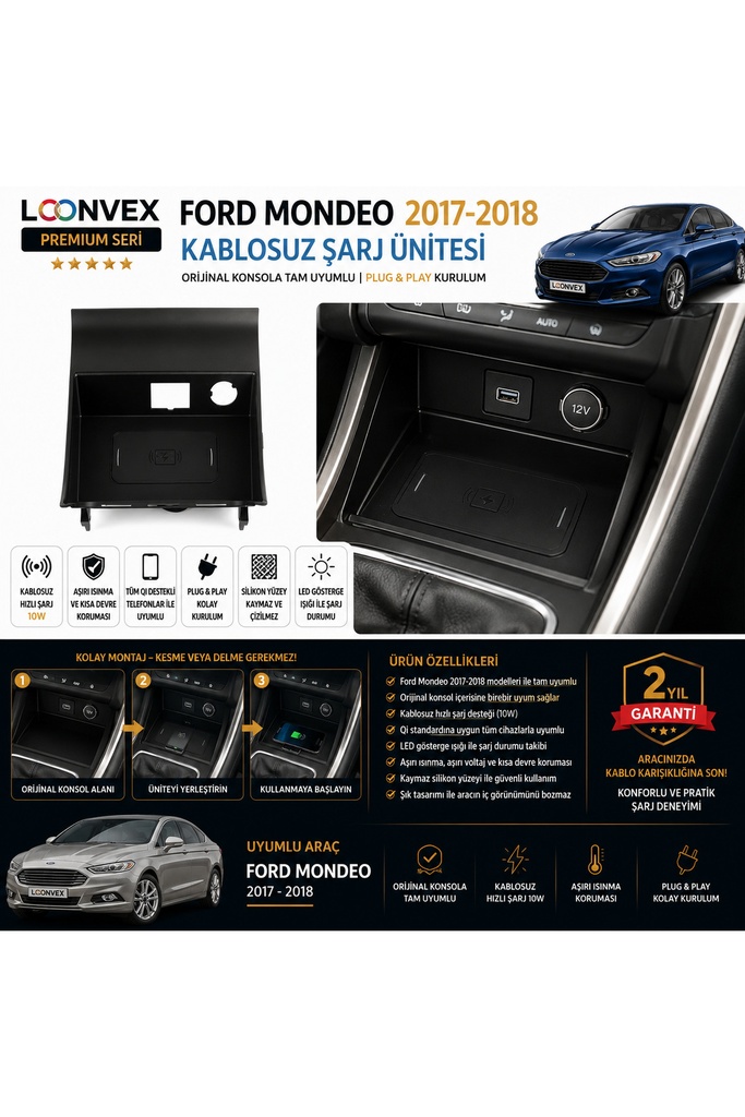 [LNV-KS-0005] Premium Ford Mondeo 2017-2018 Kablosuz Şarj Ünitesi – Araca Özel
