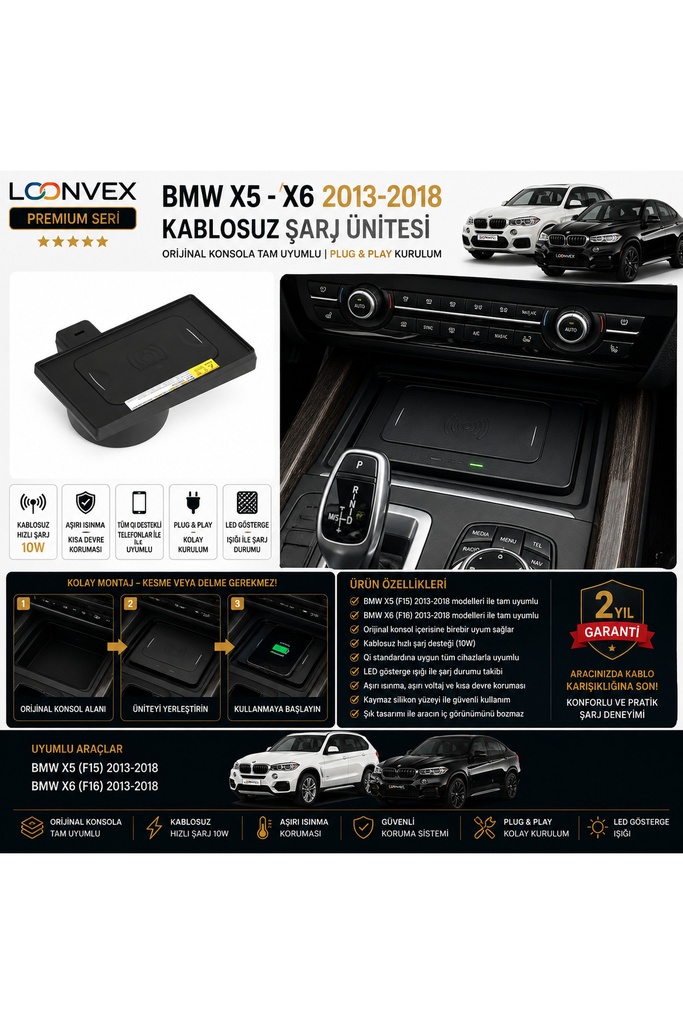 [LNV-KS-0004] Premium BMW X5 F15 – X6 F16 2013-2018 Kablosuz Şarj Ünitesi