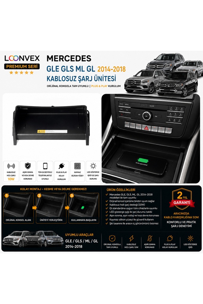 [LNV-KS-0012] Premium Mercedes GLE – GLS – ML – GL 2014-2018 Kablosuz Şarj Ünitesi