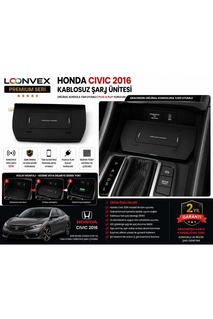 [LNV-KS-0006] Premium Honda Civic 2016 Kablosuz Şarj Ünitesi – Araca Özel Konsol Tipi