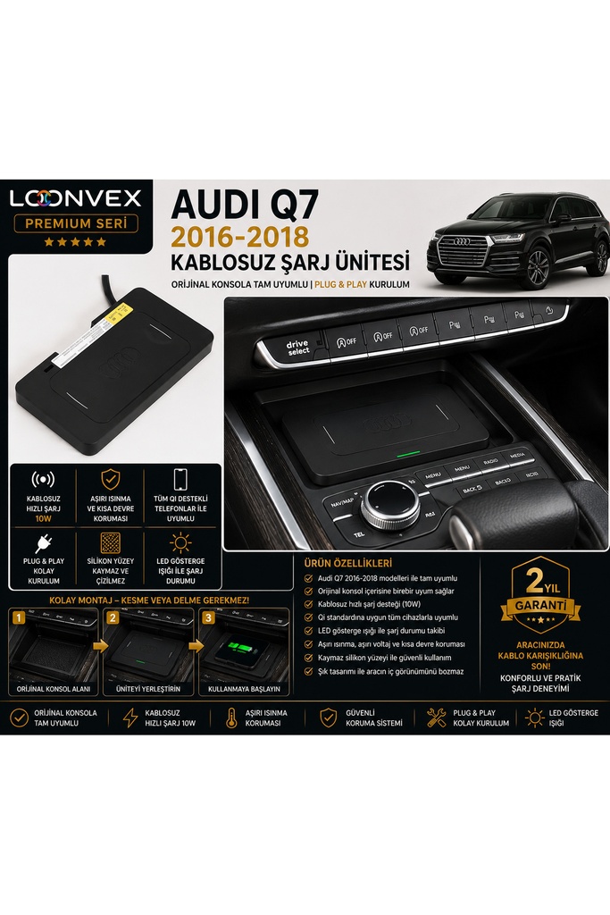 [LNV-KS-0001] Premium Audi Q7 2016-2018 Kablosuz Şarj Ünitesi – Araca Özel