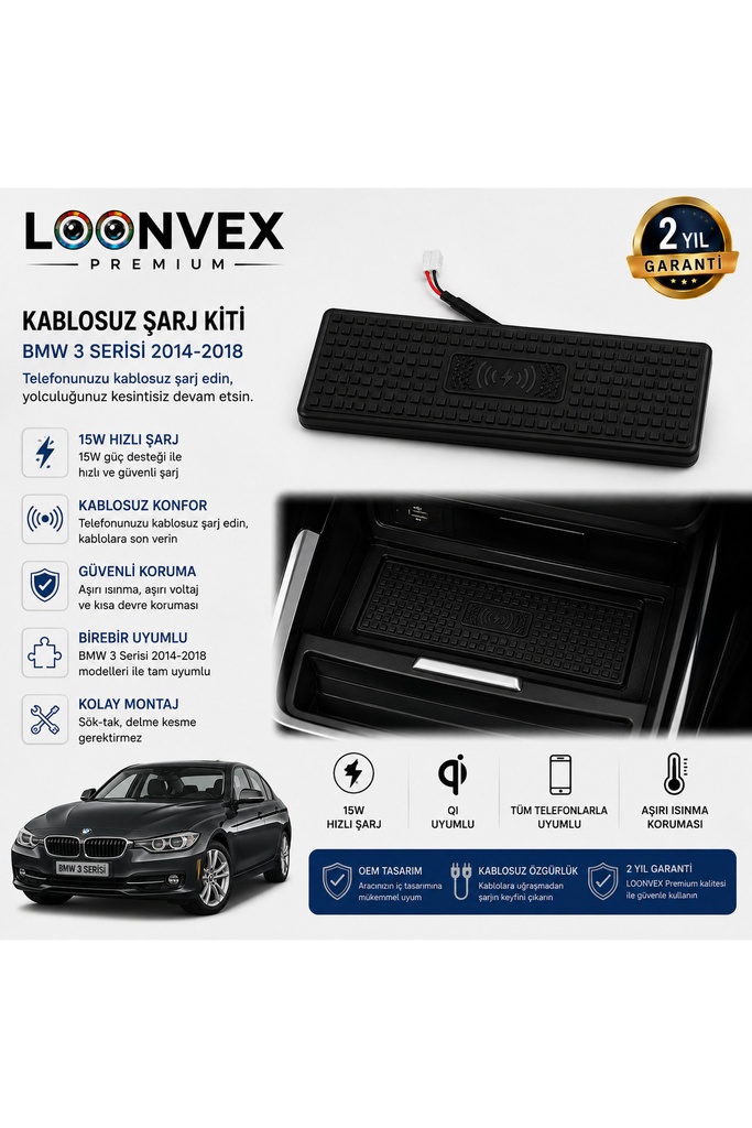 [LNV-KS-0002] Premium BMW 3 Serisi 2014-2018 Kablosuz Şarj Kiti