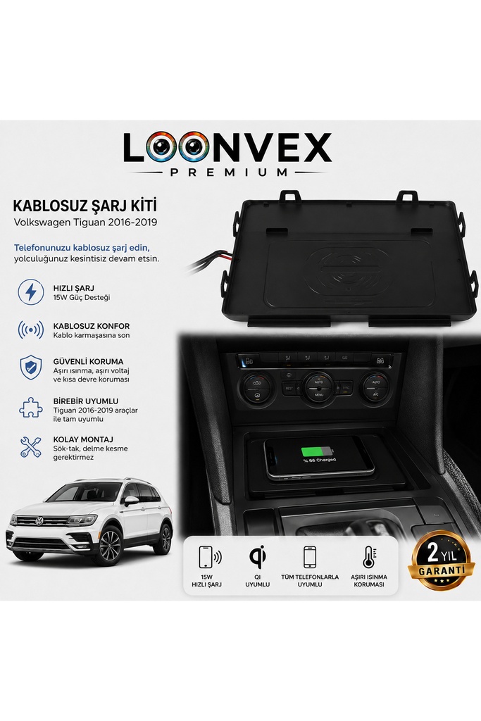 [LNV-KS-0017] Premium Volkswagen Tiguan 2016-2019 Araca Özel Kablosuz Şarj Kiti