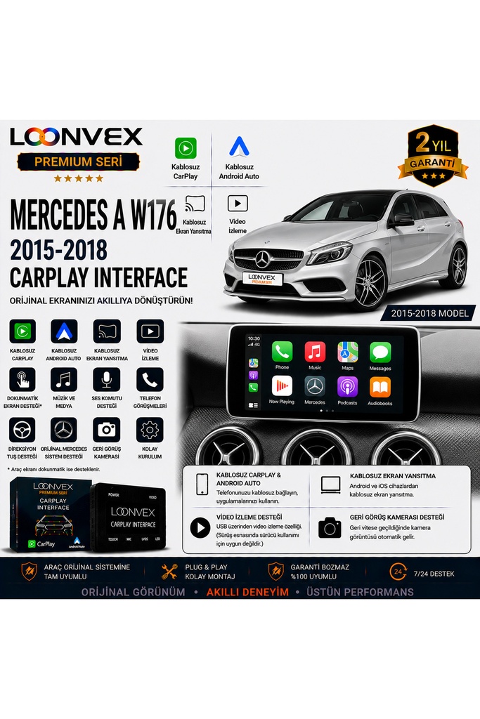 [LNV-CPI-0052] Premium Mercedes A Serisi W176 2015-2018 CarPlay Interface – Kablosuz CarPlay & Android Auto