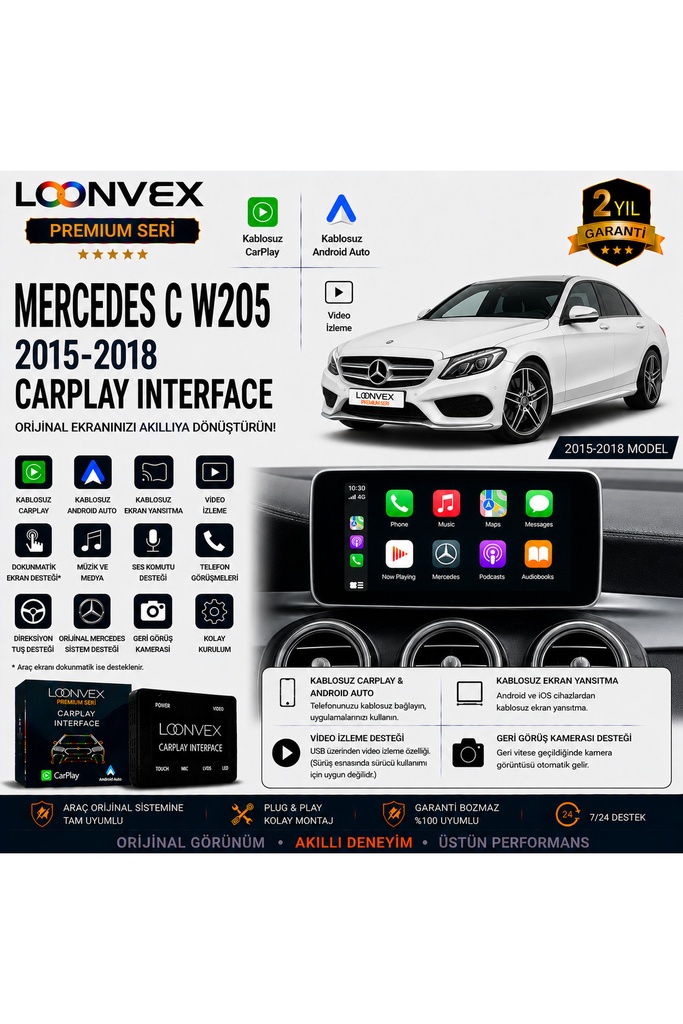 [LNV-CPI-0055] Premium Mercedes C Serisi W205 2015-2018 CarPlay Interface – Kablosuz CarPlay & Android Auto