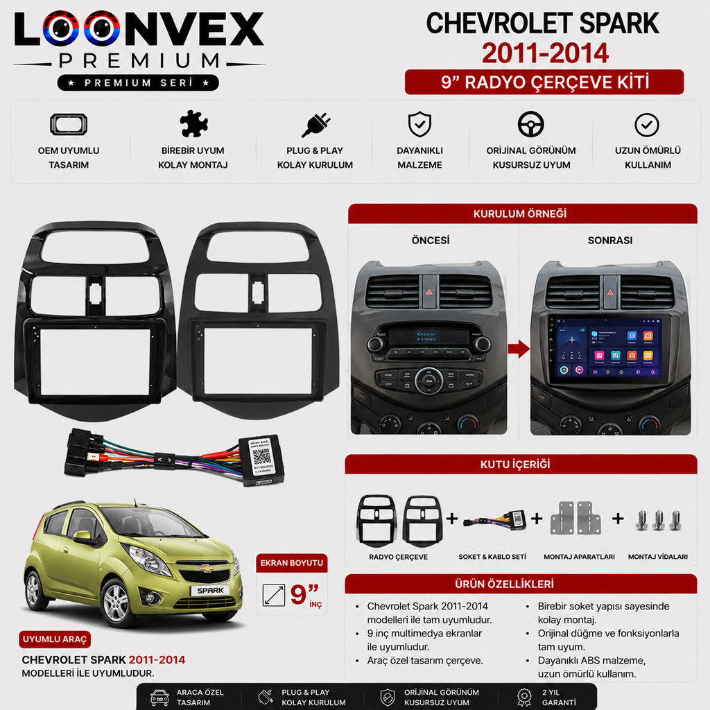 Loonvex Chevrolet Spark 2011-2014 9 İnç Multimedya Çerçeve + Soket Seti OEM Uyumlu