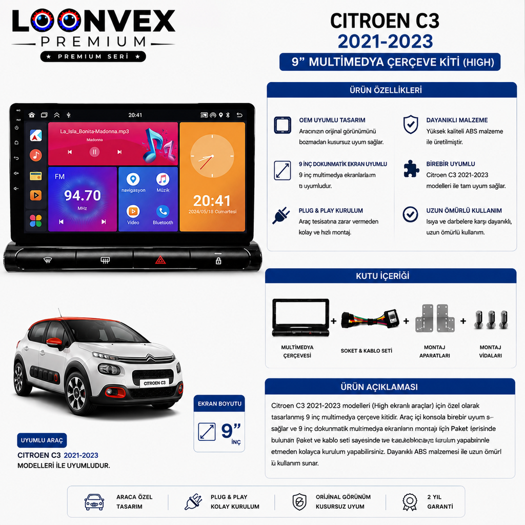 [LNV-CER-0026] Loonvex Citroen C3 2021-2023 High 9 İnç Multimedya Çerçeve + Soket Seti OEM Uyumlu