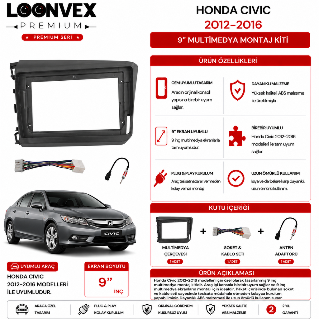 [LNV-CER-0104] LOONVEX PREMIUM – HONDA CIVIC 2012-2016 9" MULTİMEDYA ÇERÇEVE + SOKET KİTİ