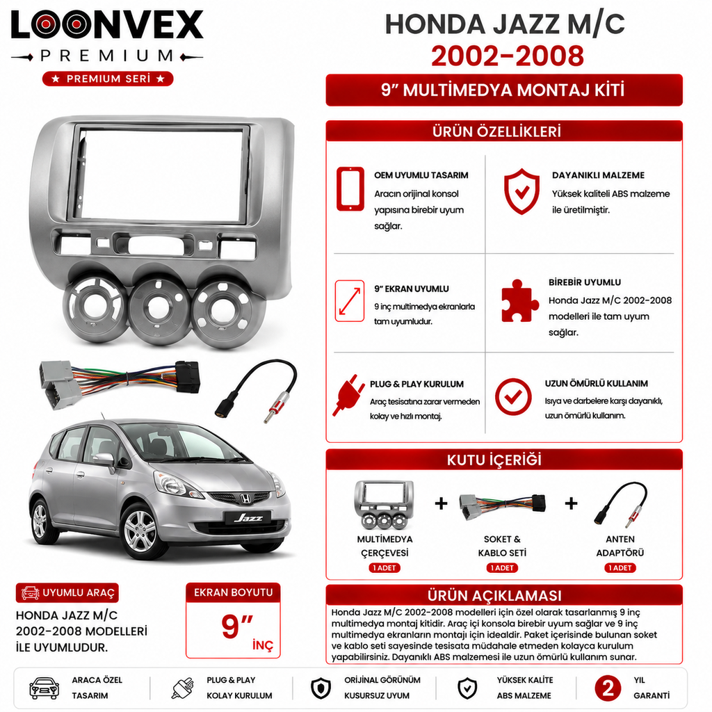 LOONVEX PREMIUM – HONDA JAZZ M/C 2002-2008 9" MULTİMEDYA ÇERÇEVE + SOKET KİTİ