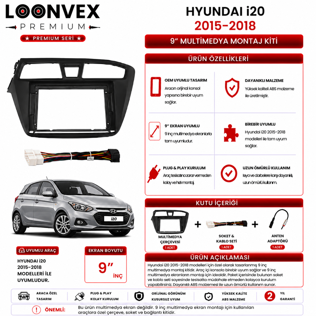 [LNV-CER-0132] LOONVEX PREMIUM – HYUNDAI i20 2015-2018 9" MULTİMEDYA ÇERÇEVE + SOKET KİTİ