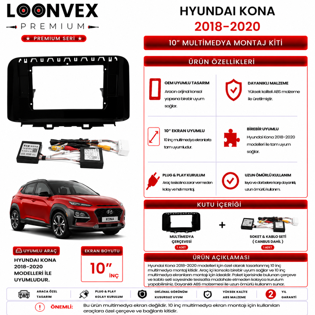 [LNV-CER-0139] LOONVEX PREMIUM – HYUNDAI KONA 2018-2020 10" MULTİMEDYA ÇERÇEVE + SOKET KİTİ