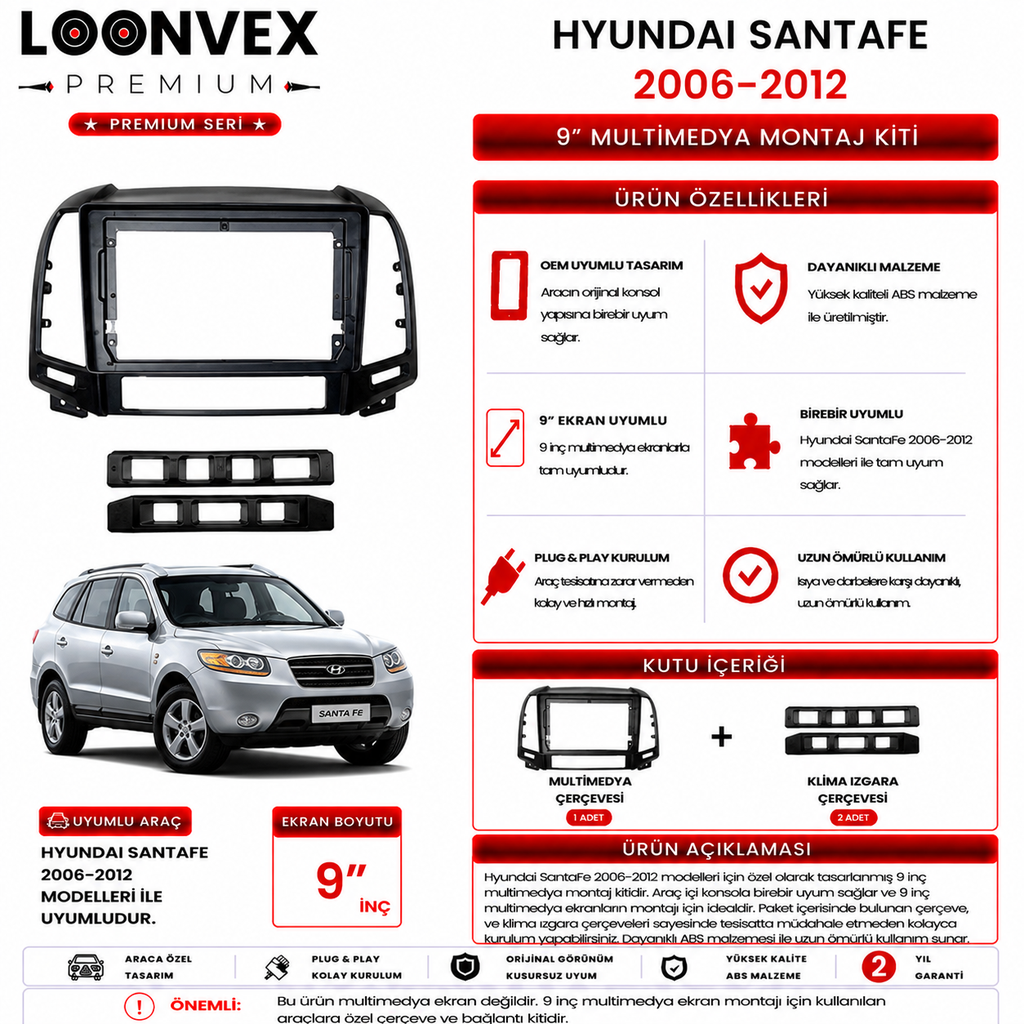 [LNV-CER-0141] LOONVEX PREMIUM – HYUNDAI SANTA FE 2006-2012 9" MULTİMEDYA ÇERÇEVE + SOKET KİTİ