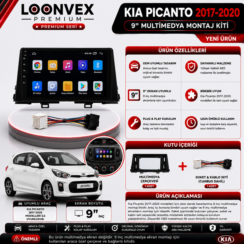 [LNV-CER-0169] LOONVEX PREMIUM KIA PICANTO 2017-2020 9" MULTİMEDYA MONTAJ KİTİ
