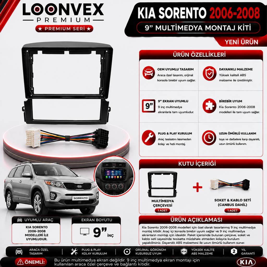 LOONVEX PREMIUM KIA SORENTO 2006-2008 9" MULTİMEDYA MONTAJ KİTİ