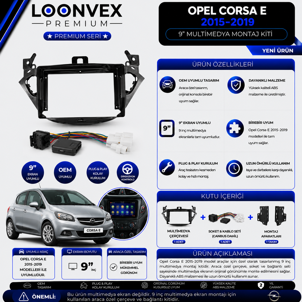 [LNV-CER-0225] LOONVEX Premium Opel Corsa E 2015-2019 9 İnç Multimedya Çerçeve ve Soket Montaj Kiti