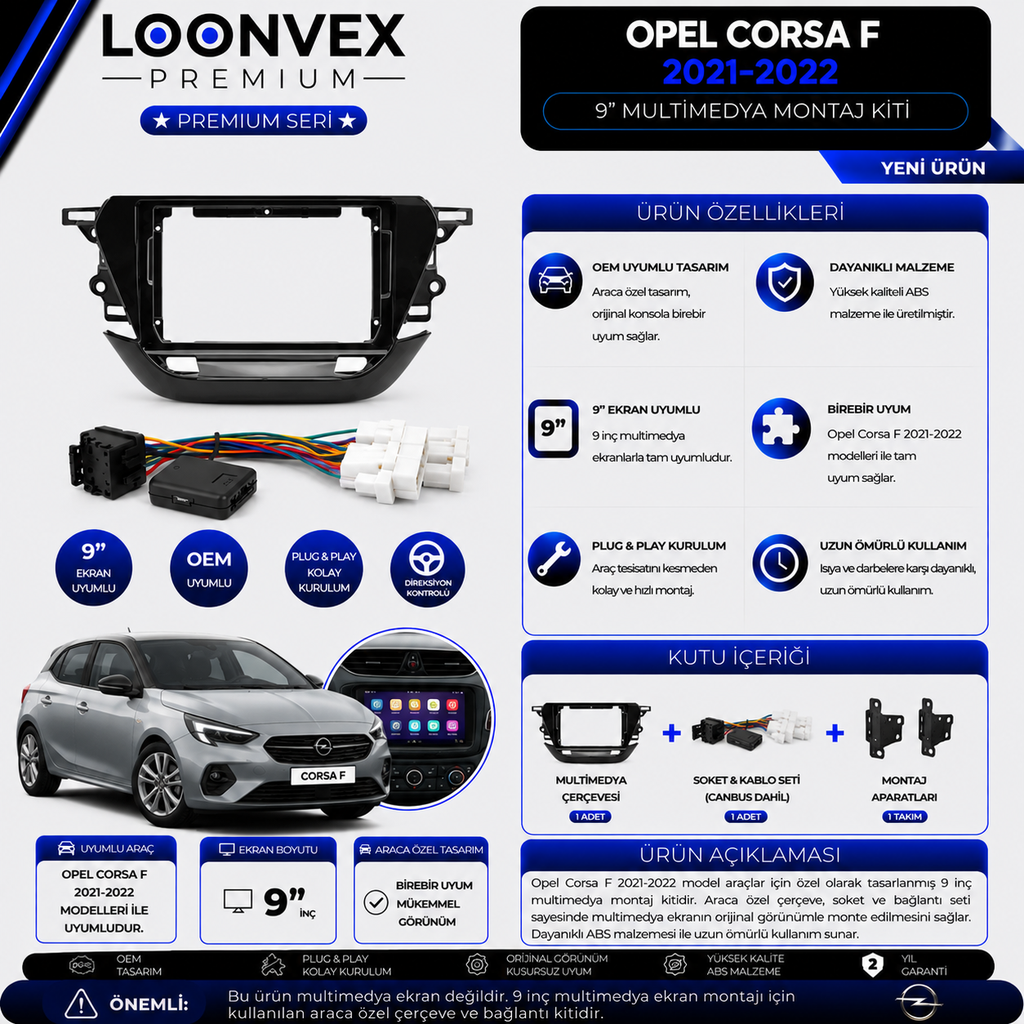 [LNV-CER-0226] LOONVEX Premium Opel Corsa F 2021-2022 9 İnç Multimedya Çerçeve + Soket + CANBUS Montaj Kiti