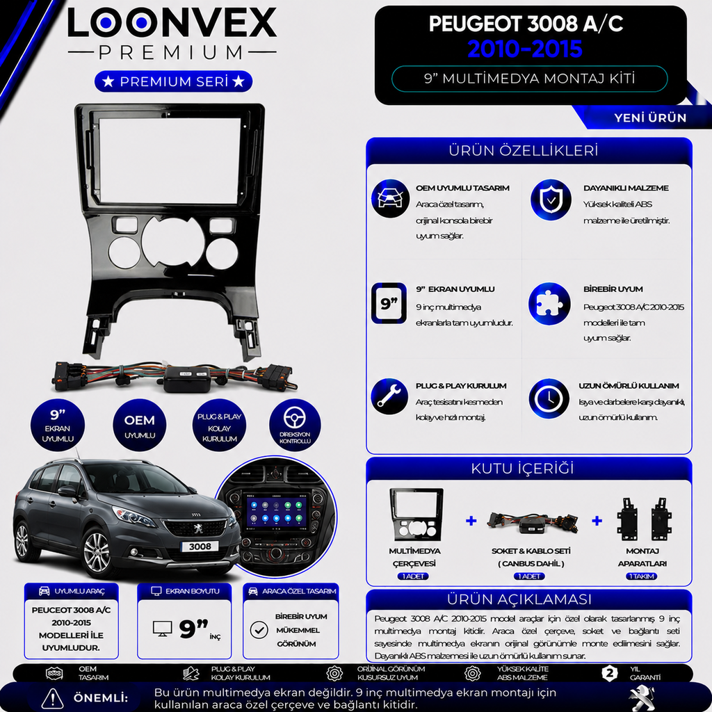 [LNV-CER-0236] LOONVEX Premium Peugeot 3008 A/C 2010-2015 9 İnç Multimedya Çerçeve + Soket + CANBUS Montaj Kiti