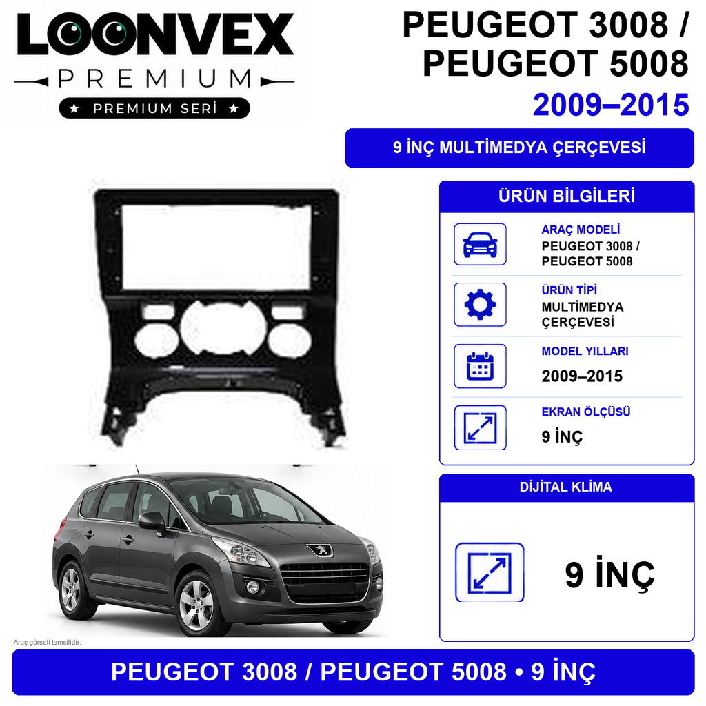 LOONVEX Premium Peugeot 5008 A/C 2010-2015 9 İnç Multimedya Çerçeve + Soket + CANBUS Montaj Kiti