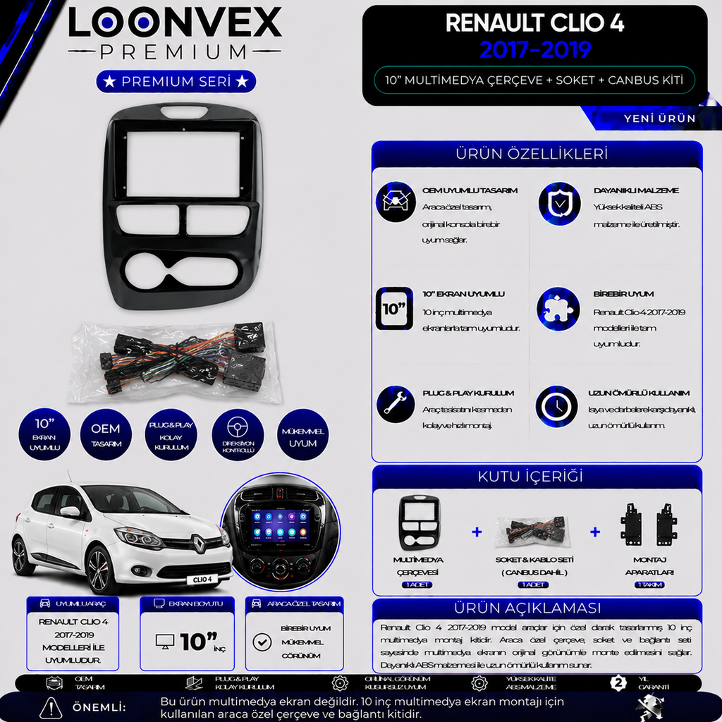 [LNV-CER-0245] LOONVEX Premium Renault Clio 4 2017-2019 10 İnç Multimedya Çerçeve + Soket + CANBUS Montaj Kiti