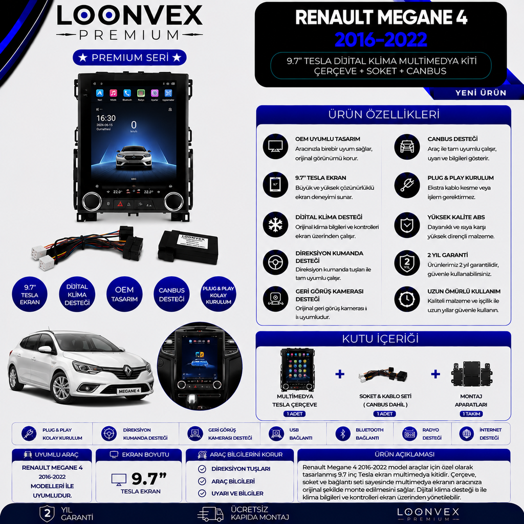 LOONVEX Premium Renault Megane 4 Tesla 9.7" Dijital Klima Multimedya Çerçeve + Soket + CANBUS Kiti