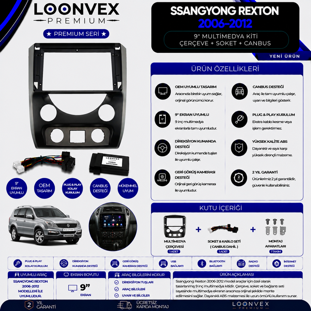[LNV-CER-0266] LOONVEX Premium SsangYong Rexton 2006-2012 9 İnç Multimedya Çerçeve + Soket + CANBUS Montaj Kiti