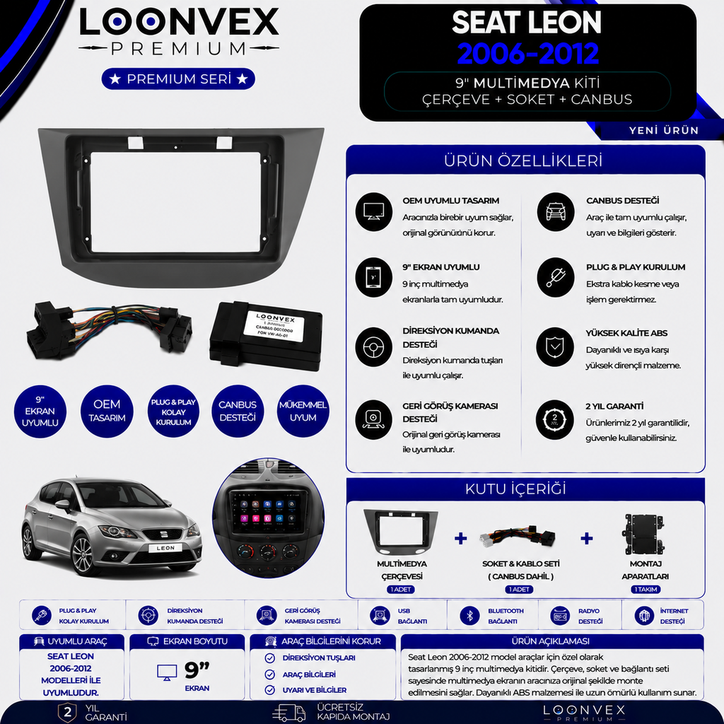 [LNV-CER-0273] LOONVEX Premium SEAT Leon 2006-2012 9 İnç Multimedya Çerçeve + Soket + CANBUS Montaj Kiti