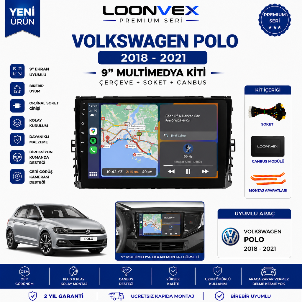 [LNV-CER-0323] LOONVEX VW Polo 2018-2021 9" Multimedya Çerçeve + Soket + CANBUS Kiti