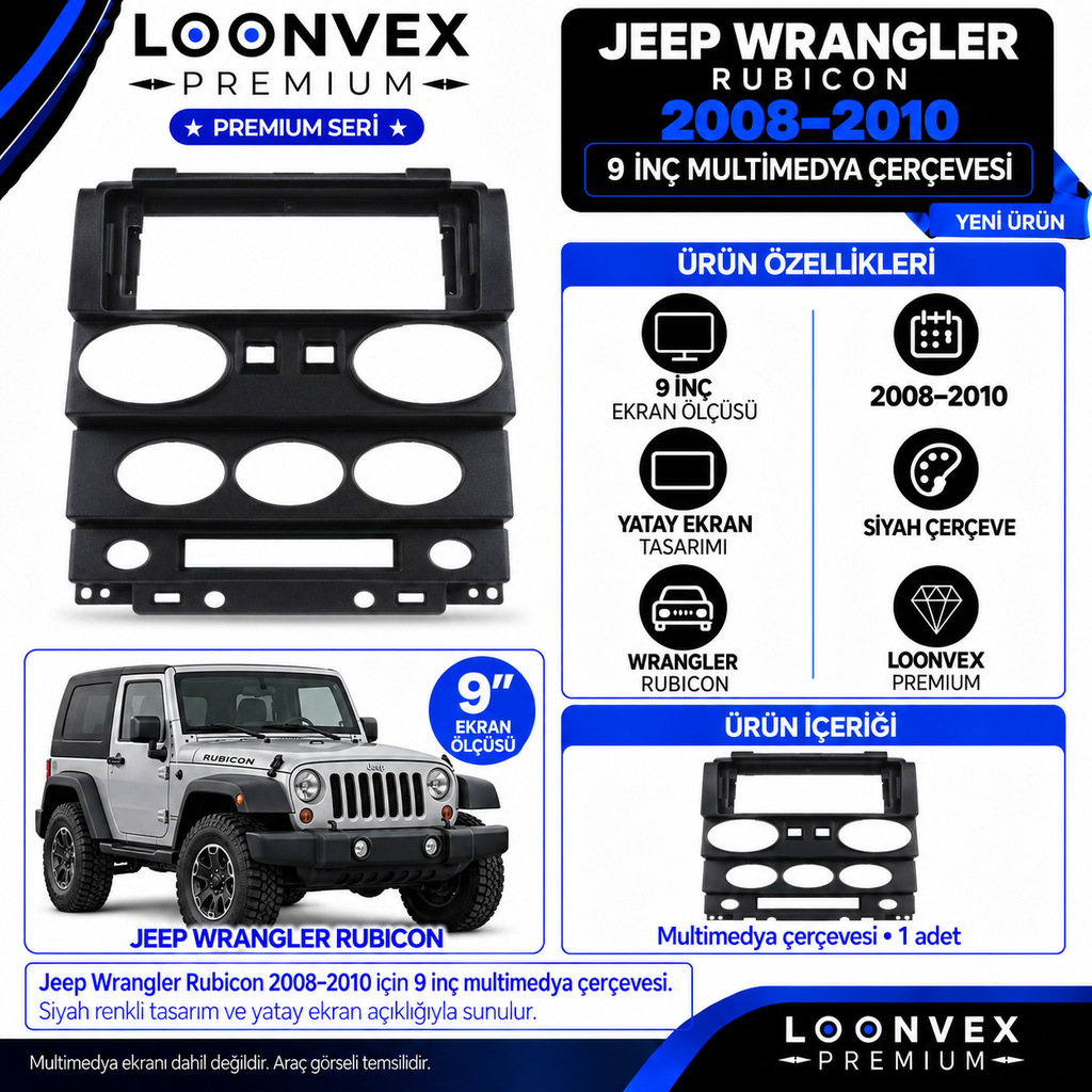 LOONVEX Premium JEEP WRANGLER-RUBİCON 2008/2010 9 İNCH Multimedya Çerçevesi