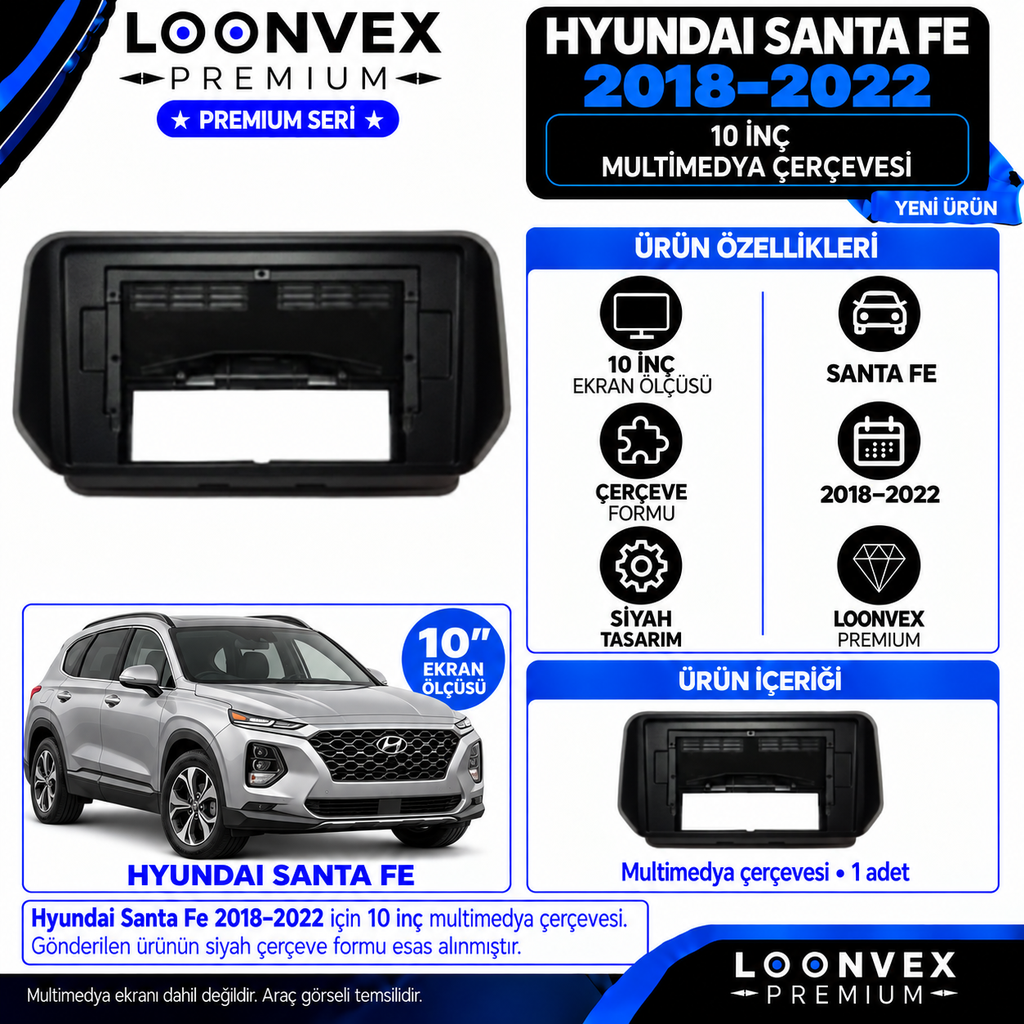 LOONVEX Premium HYUNDAİ SANTAFE/SANTA 10''İNÇ 2018/2022 Multimedya Çerçevesi