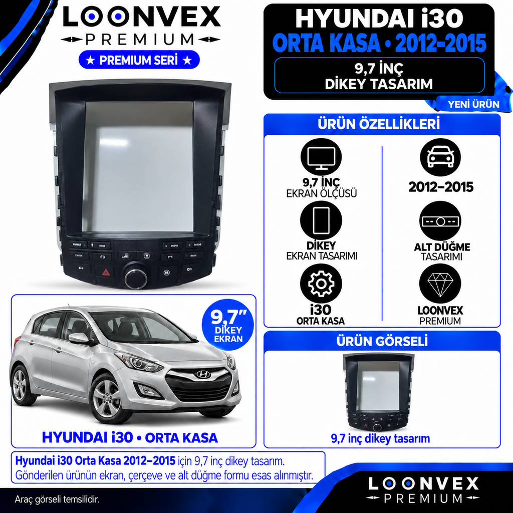 LOONVEX Premium HYUNDAİ İ30 ORTA KASA 2012/2015 9.7 İNC Multimedya Çerçevesi