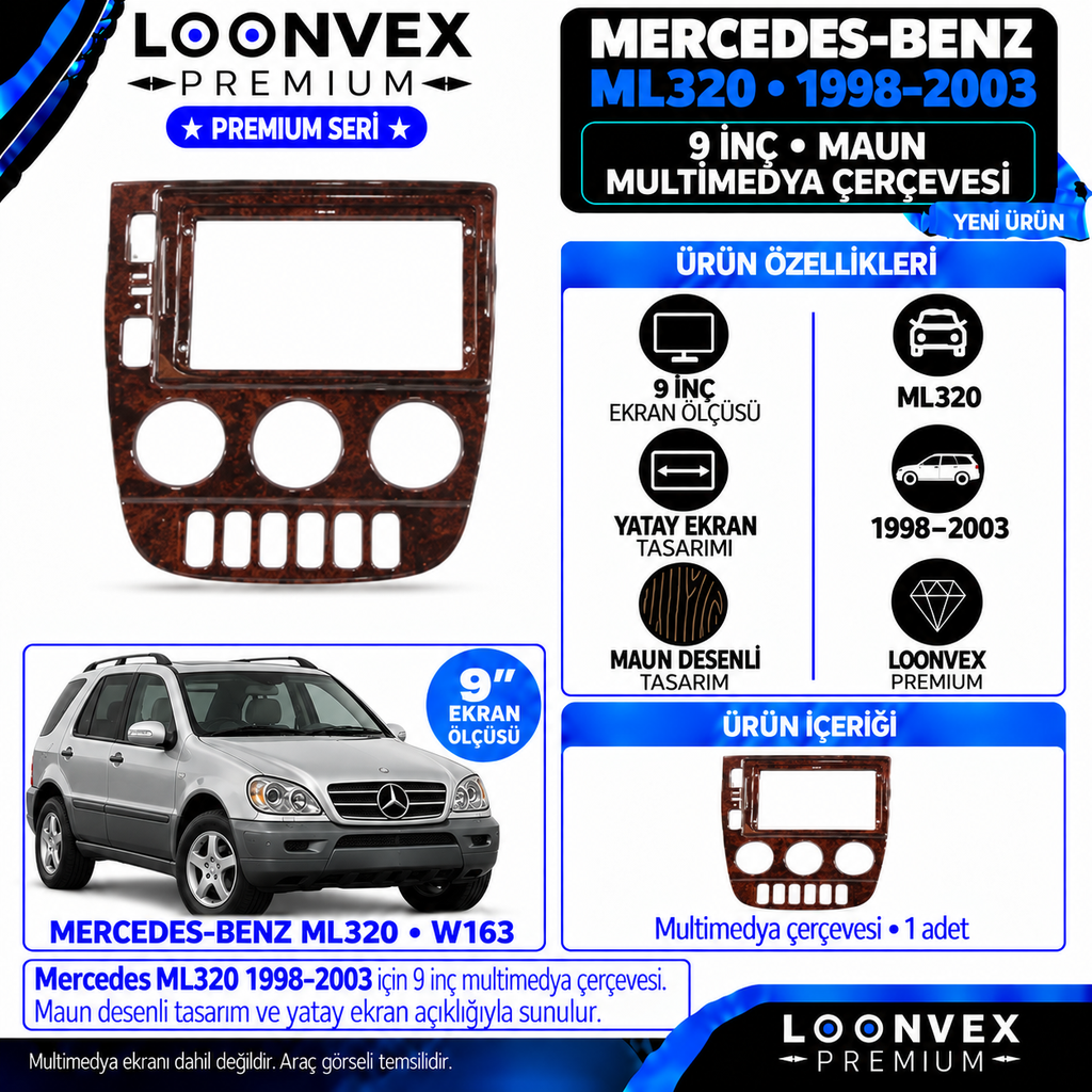 LOONVEX Premium MERCEDES ML320 1998-2003 9 İNCH (Maun) Multimedya Çerçevesi