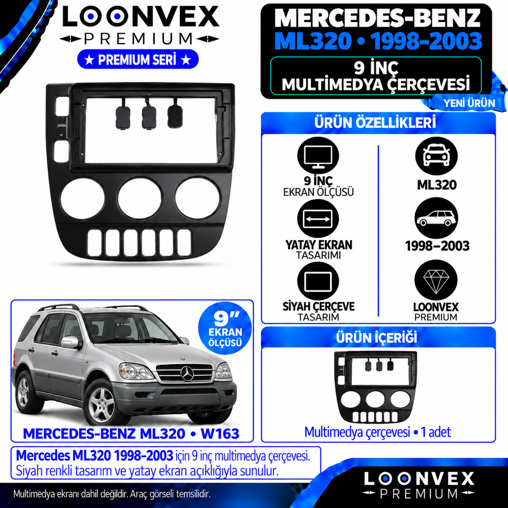 LOONVEX Premium MERCEDES ML320 1998-2003 9 İNCH (Siyah) Multimedya Çerçevesi