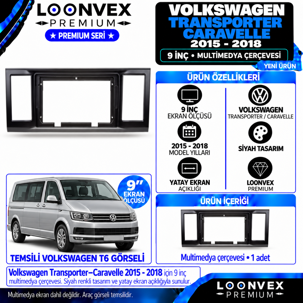 LOONVEX Premium VOLKSWAGEN TRANSPORTER-CARAVELLE 2015-2018 9 İNCH Multimedya Çerçevesi