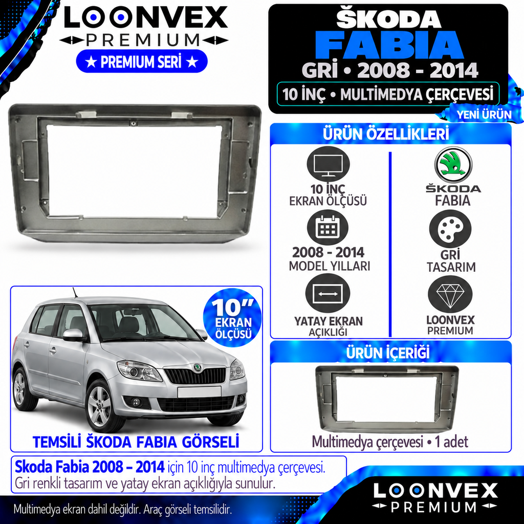 LOONVEX Premium SKODA FABİA GRİ 2008-2014 10 İNCH (Gri) Multimedya Çerçevesi