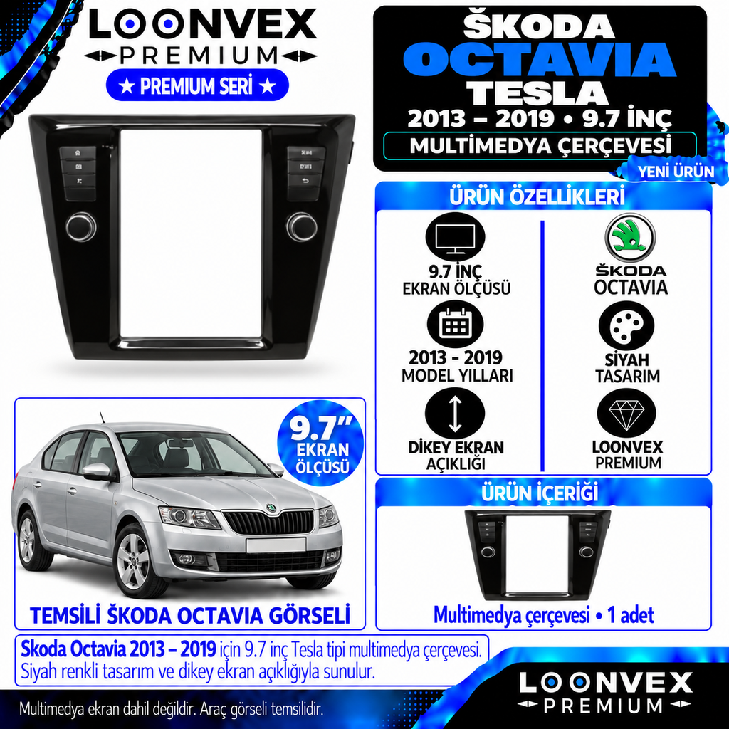 LOONVEX Premium SKODA OCTAVİA 2013-2019 9.7 TESLA Multimedya Çerçevesi